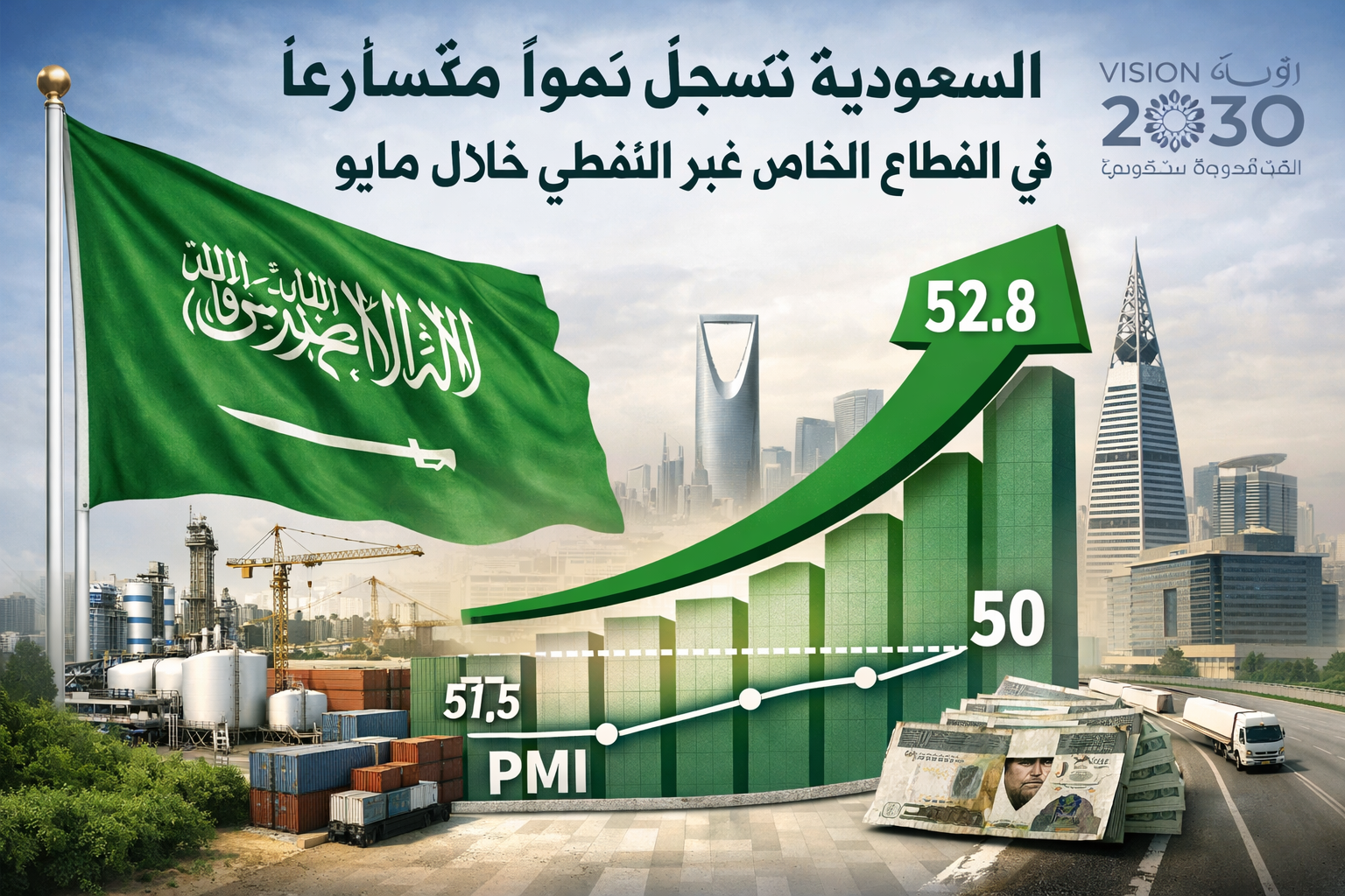 🇸🇦 السعودية تسجل نمواً متسارعاً في القطاع الخاص غير النفطي خلال مايو